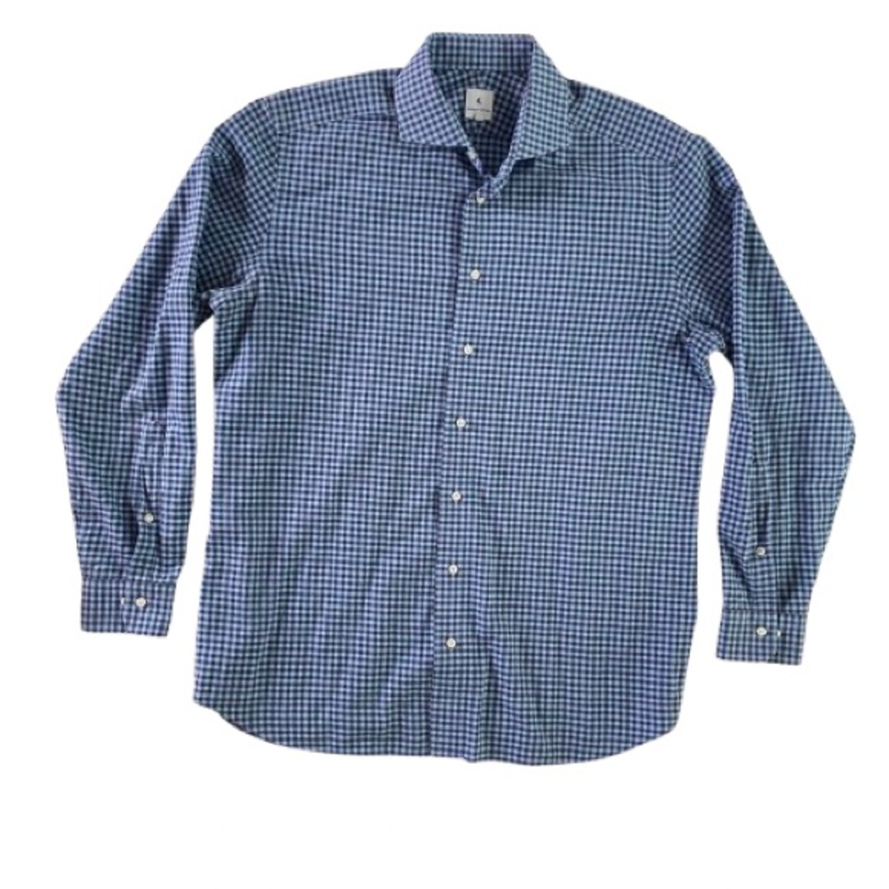 Granger Owings Men’s Navy & Blue Checkered Button Up Shirt Size L Cotton EUC